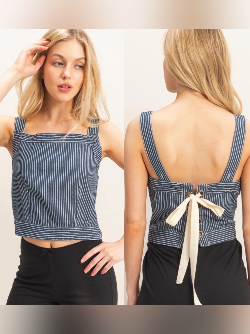 HYFVE Navy Striped Tie Back Crop Tank Size Medium